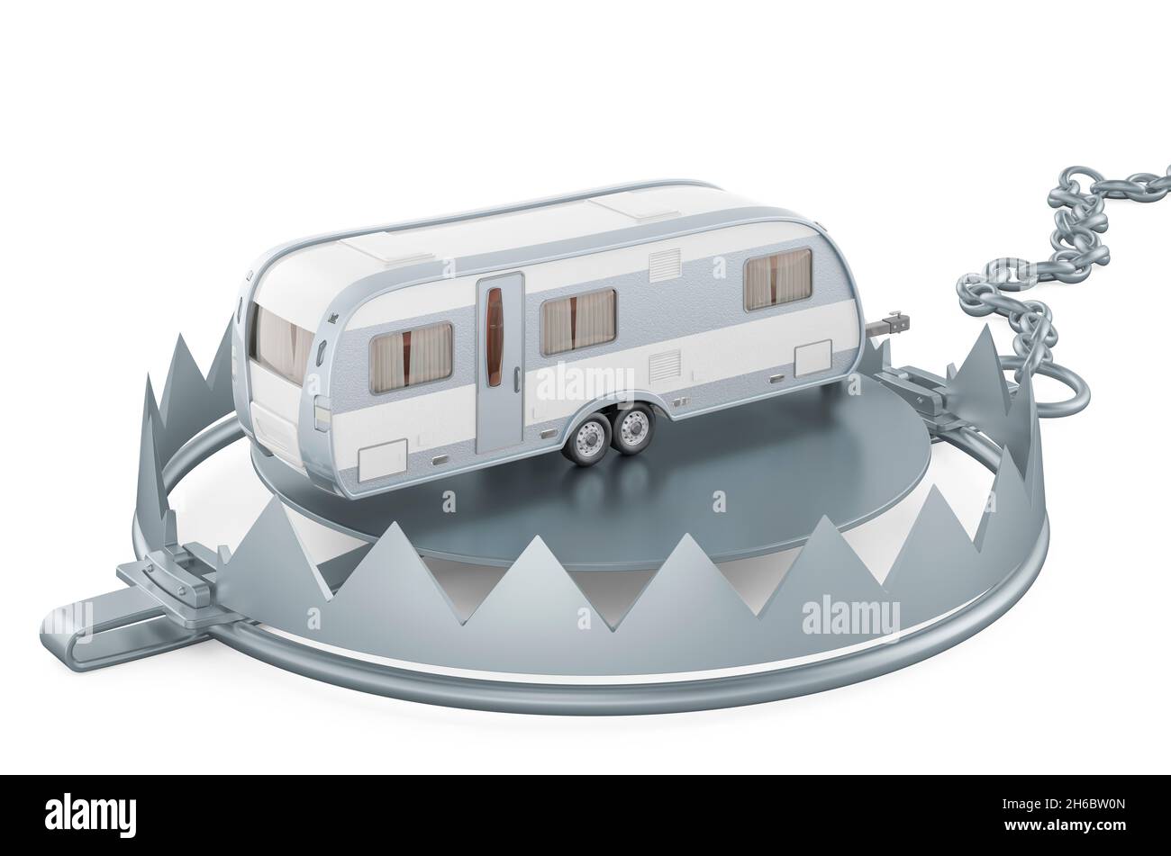 Bear trap with camper trailer, 3D rendering isolated on white ...