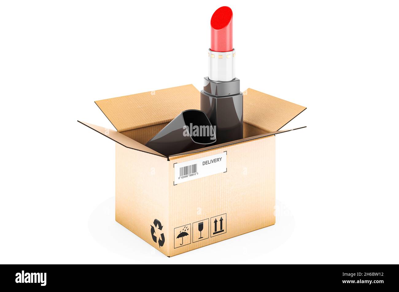 Lipstick inside cardboard box, delivery concept. 3D rendering isolated