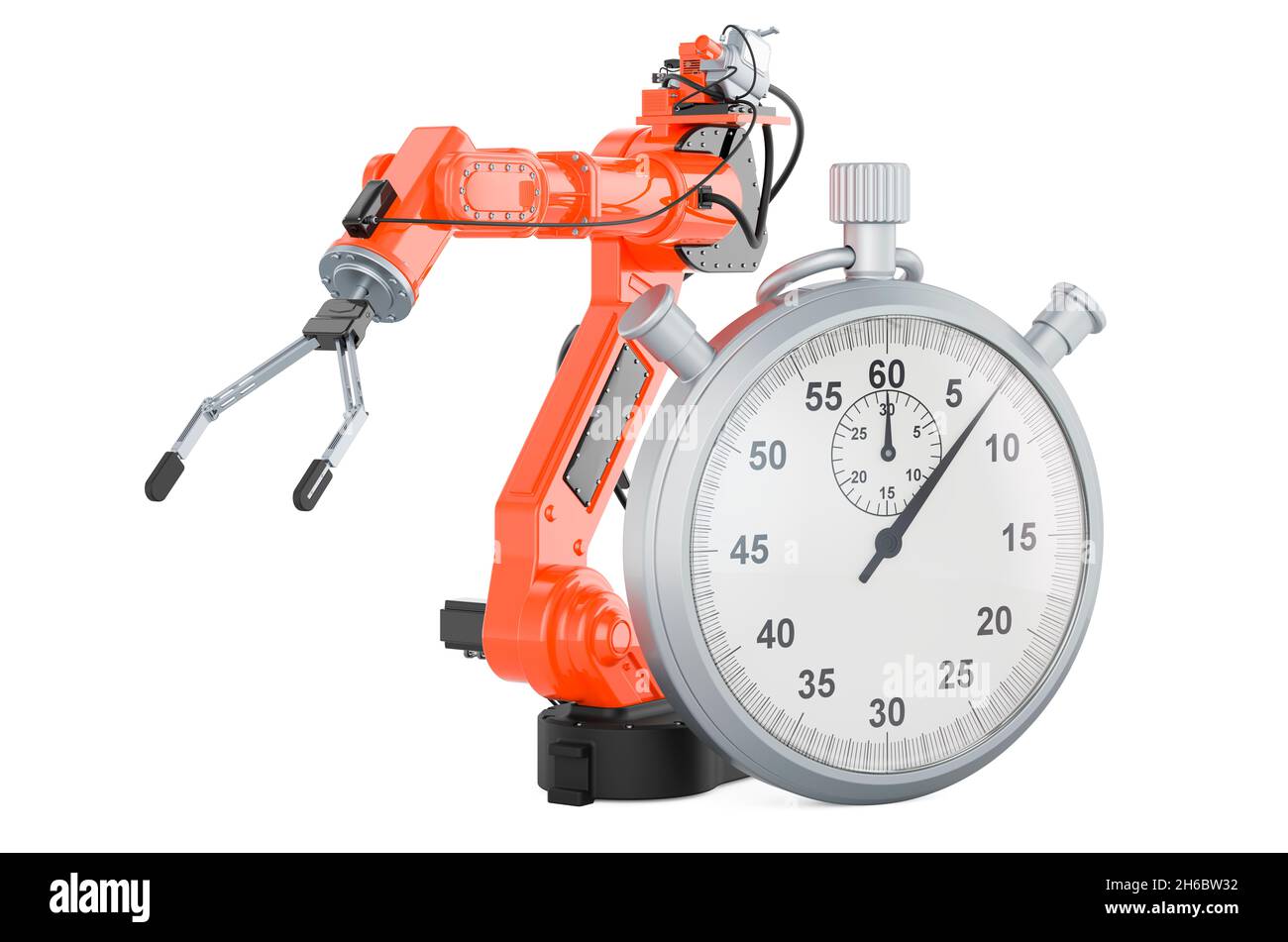 Robotic arm with stopwatch, 3D rendering isolated on white background Stock Photo