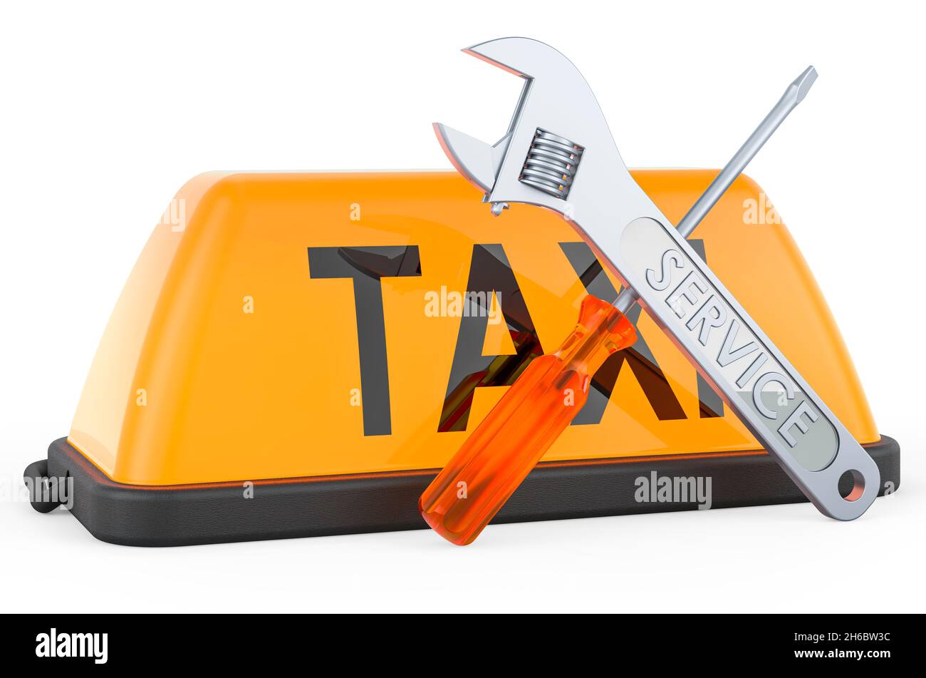 Yellow taxi car signboard with screwdriver and wrench. 3D rendering isolated on white background Stock Photo