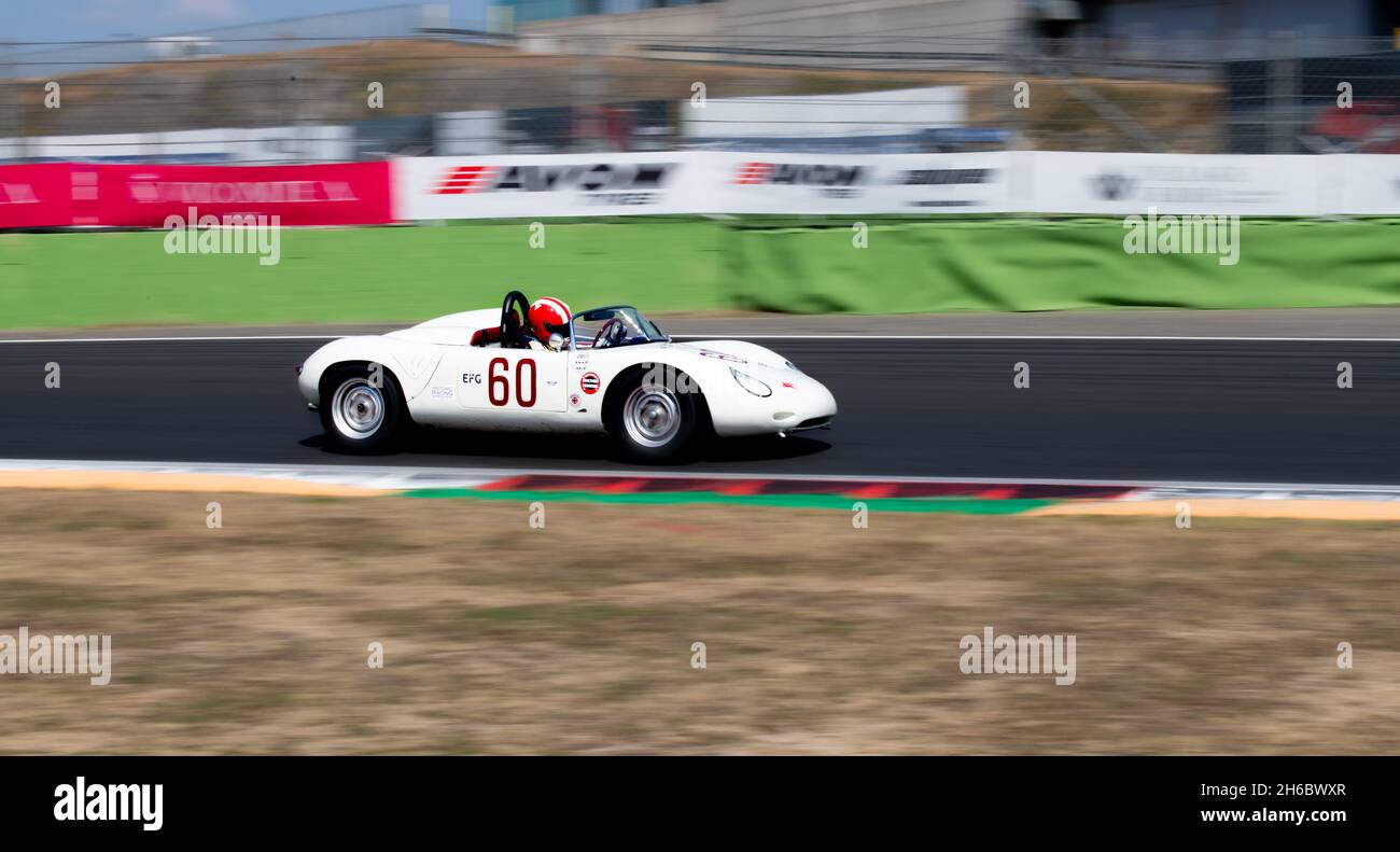 Italy, september 11 2021. Vallelunga classic. Historical Prosche 718 RS 60s race car on racetrack blurred motion background Stock Photo