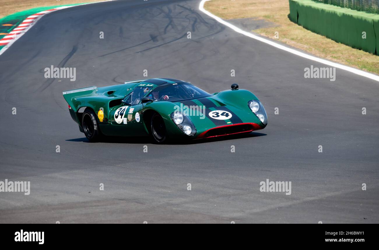 Italy, september 11 2021. Vallelunga classic. Lola T70 race car challenging on asphalt track at circuit turn Stock Photo