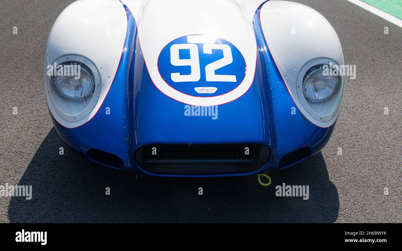 Italy, september 11 2021. Vallelunga classic. Historical Lister Knobbly 60s race car front nose hood and light detail Stock Photo