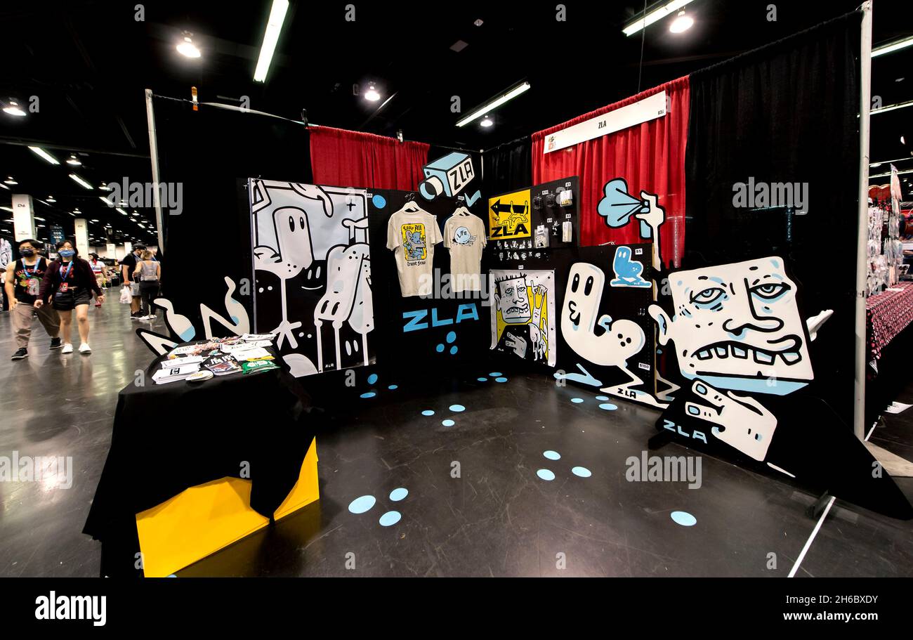 Anaheim, California, USA. 13th Nov, 2021. The ZLA booth at the 2021 Designer Con, the largest designer toy and collectible event in the United States. Featured at the annual, open-to-the-public show are designer toys, apparel, plush, printing, sculpture and both fine and urban art.(Credit Image: © Brian Cahn/ZUMA Press Wire) Stock Photo