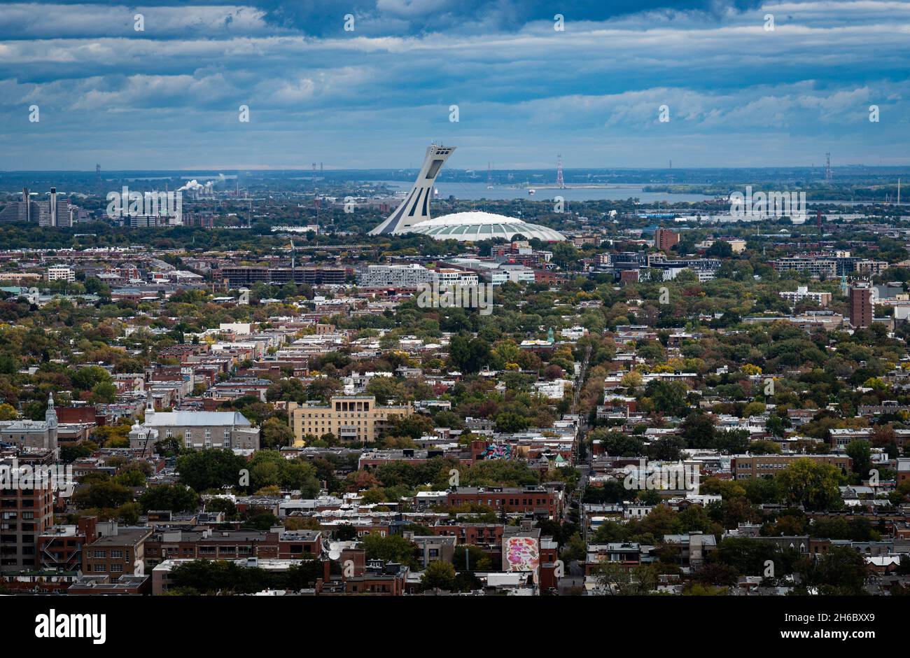 Photo of downtown Montreal skyline with the Olympic Stadium, taken from Mount Royal Park. Stock Photo