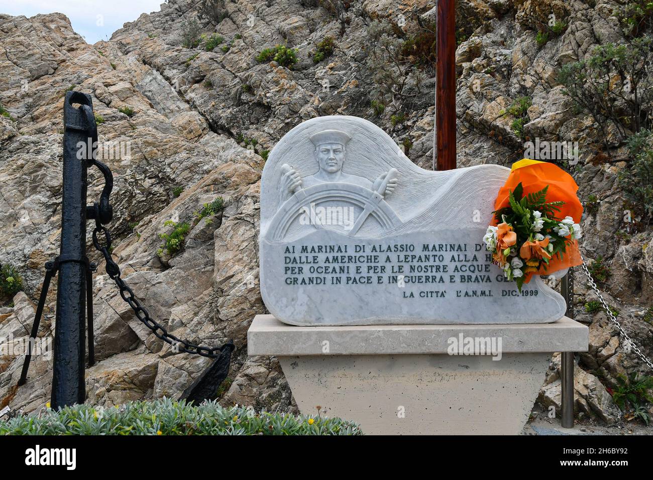 Monument to the Sailors of Alassio and Italy on the cliff of the Chapel of Santa Croce, Alassio, Savona, Liguria, Italy Stock Photo