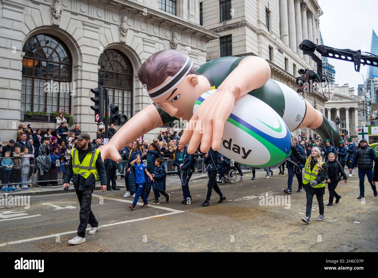 POWERDAY, LONDON IRISH RUGBY CLUB float at the Lord Mayor's Show, Parade, procession passing along Poultry, near Mansion House, London, UK Stock Photo