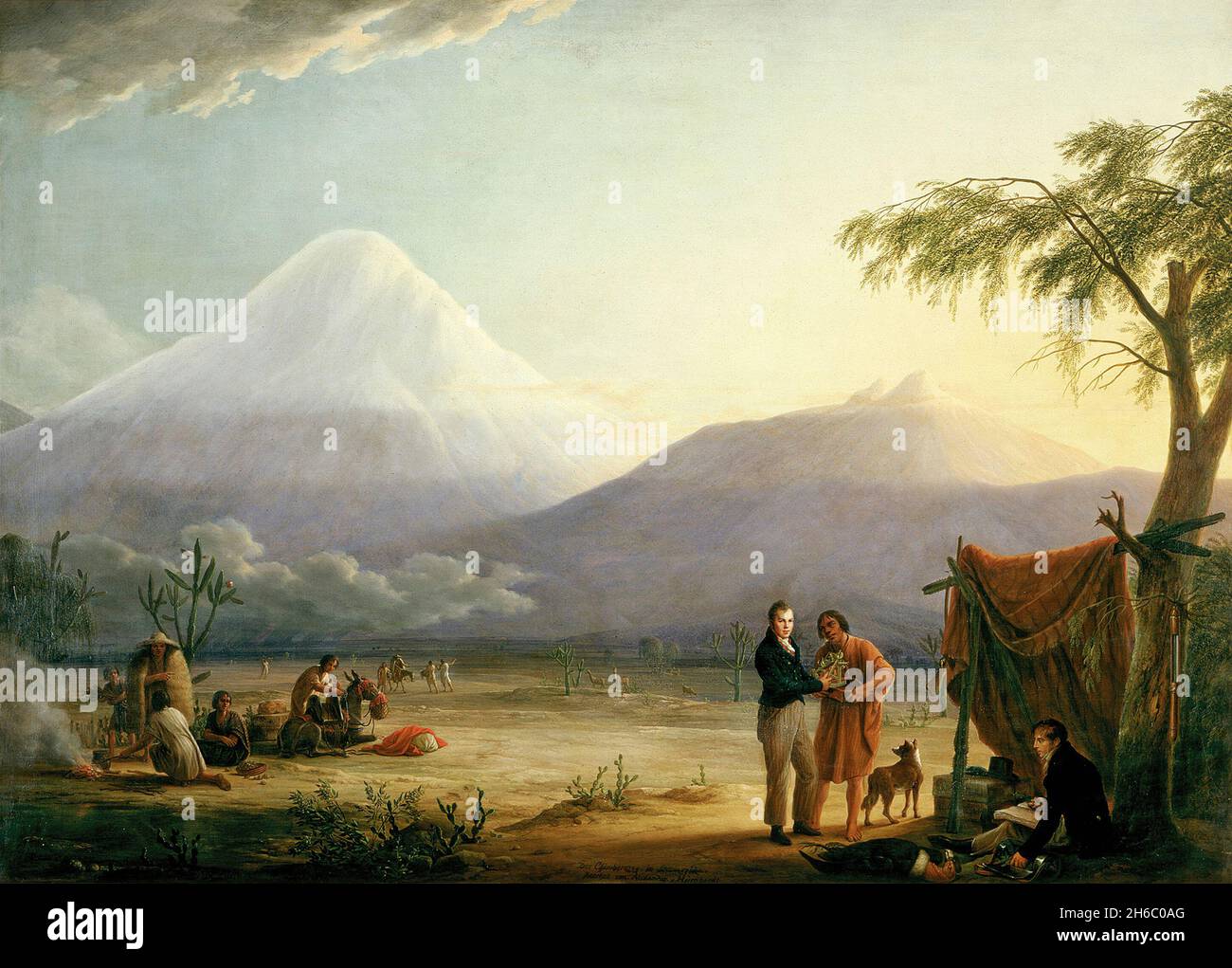 A painting of Alexander von Humboldt and his fellow scientist Aimé Bonpland and the volcano Chimborazo in Ecuador. painting by Friedrich Georg Weitsch Stock Photo