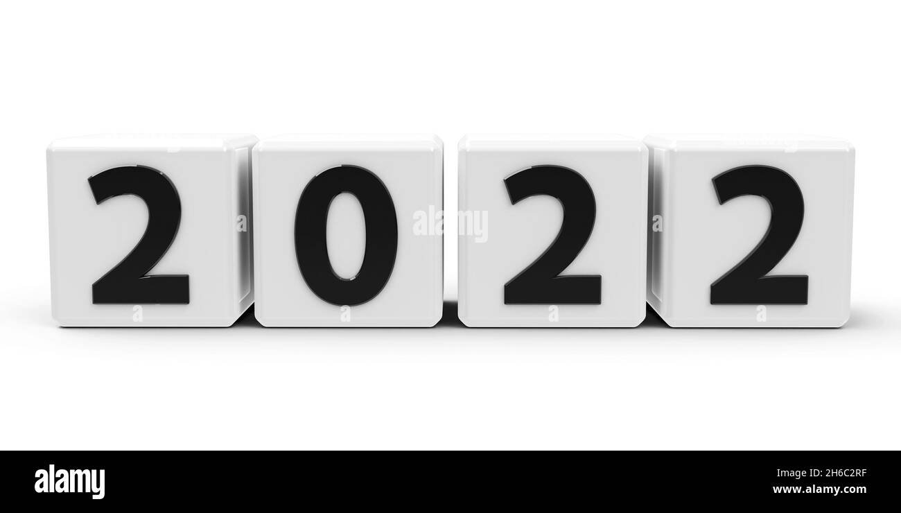 White cubes with number 2022 represent the new 2022 year, on a white table, three-dimensional rendering, 3D illustration Stock Photo