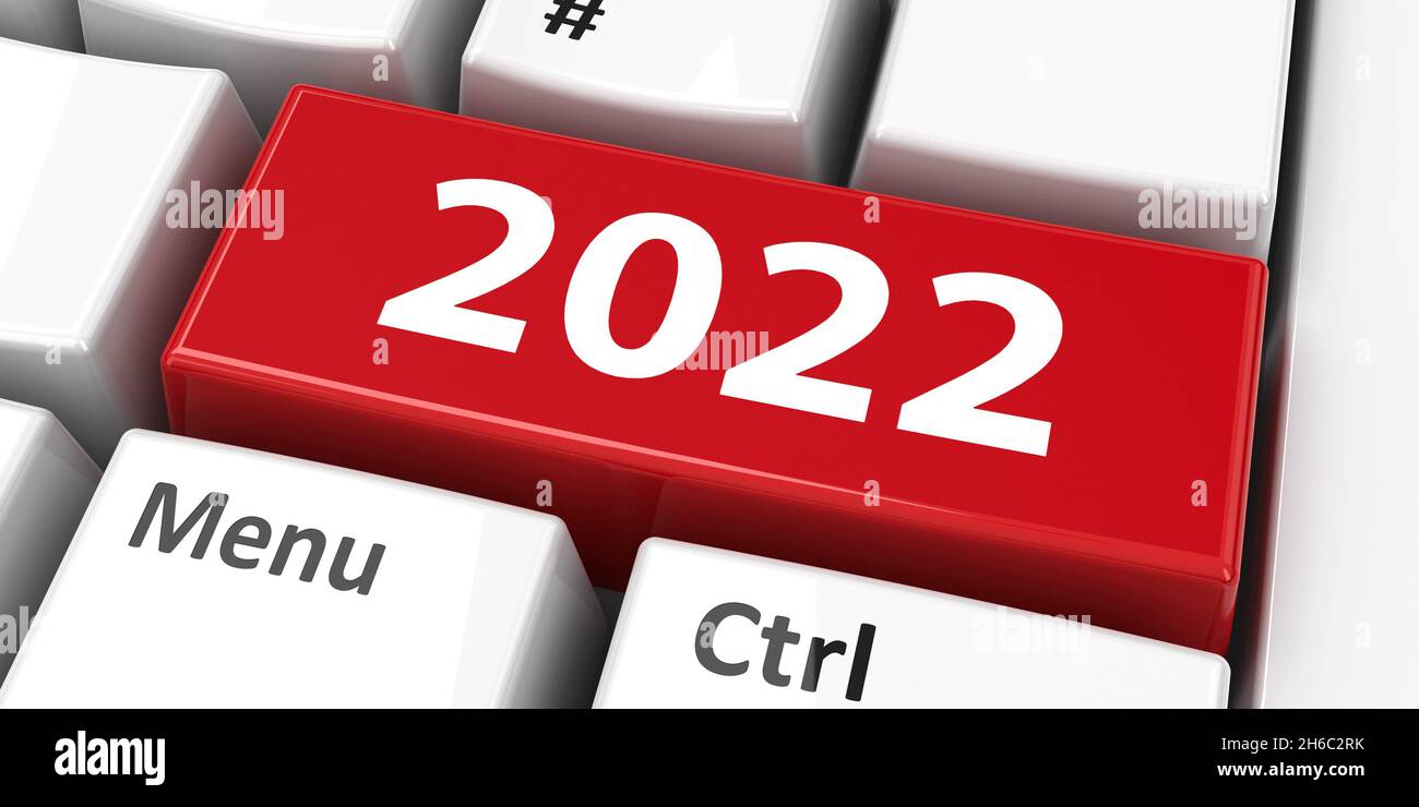 Computer keyboard with 2022 key represents new 2022 year, three-dimensional rendering, 3D illustration Stock Photo