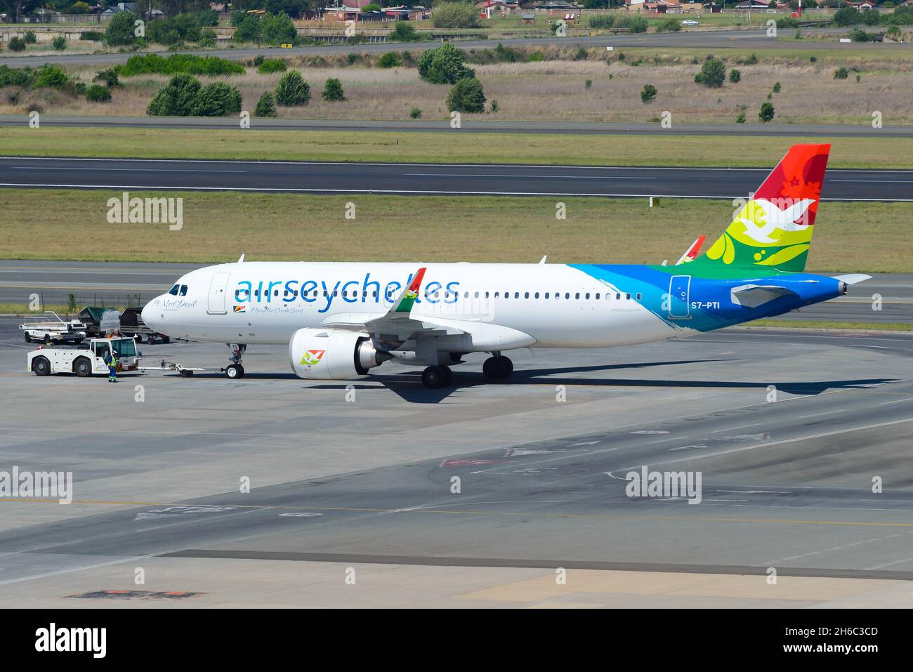 Air Seychelles Airbus A320 aircraft at Johannesburg Airport in Africa. Airseychelles airplane S7-PTI A320 NEO. Stock Photo