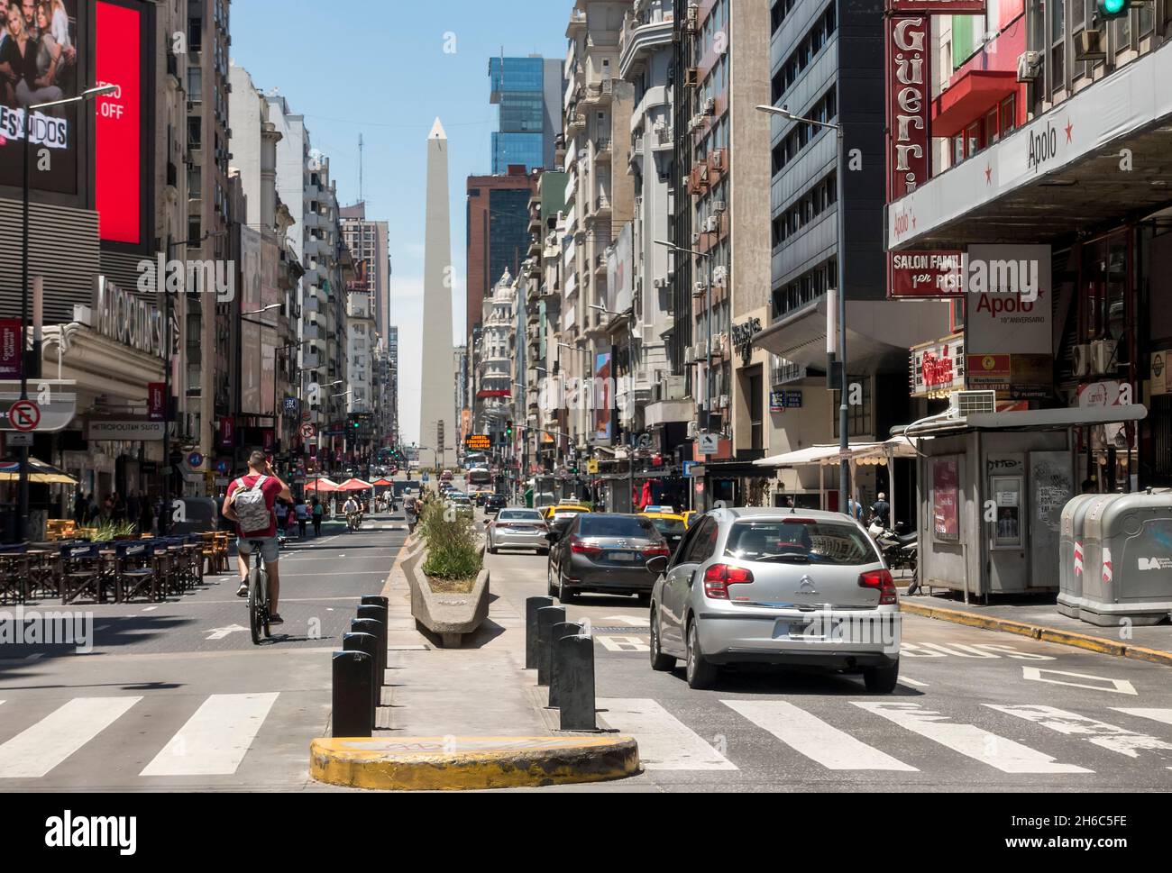 Traffic on Corrientes Avenue heading towards the obelisk Buenos Aires, Argentina Stock Photo