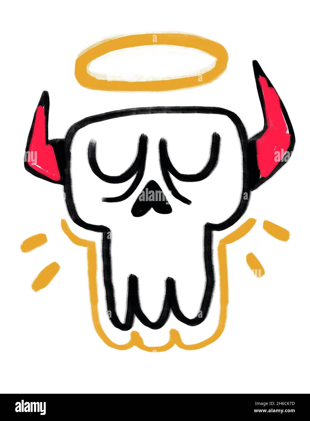 Amusing demonic skull with horns and angel ring, graffiti and bold line ...
