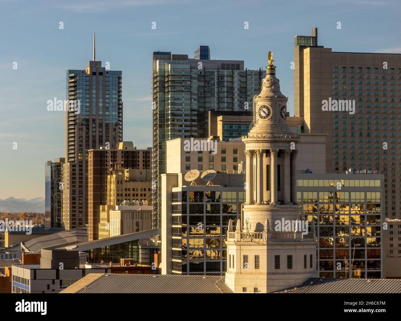 Denver, Colorado, cityscape. City Hall Clock tower and modern buildings