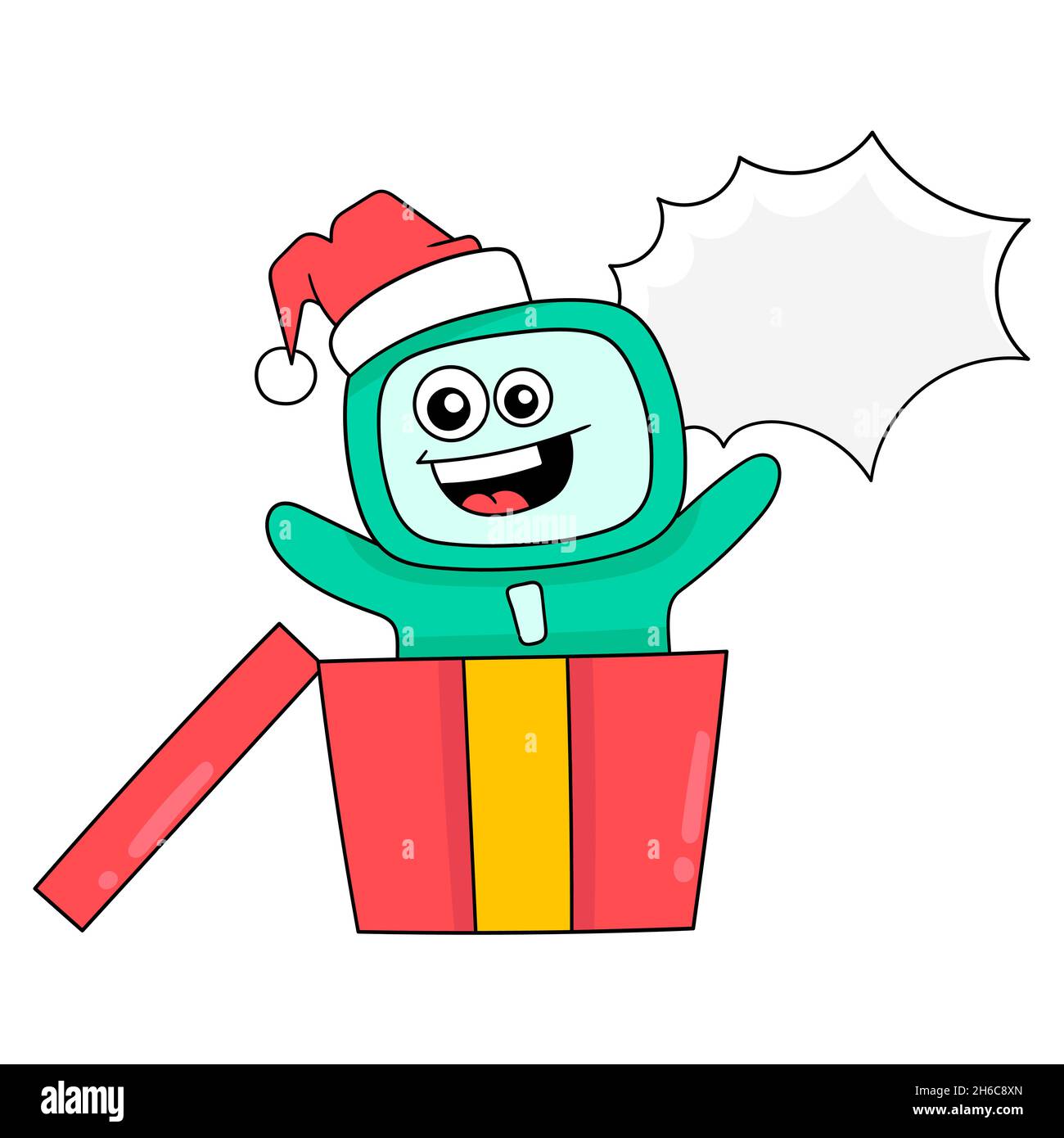 Laughing doll gives a surprise in a Christmas gift box, vector