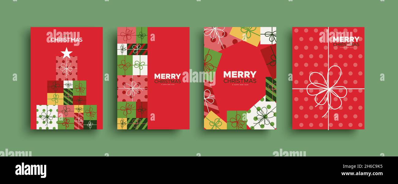 Merry Christmas and Happy New Year greeting card set of colorful retro ...