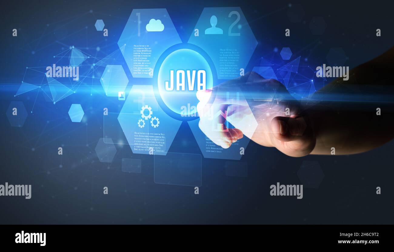Hand touching digital button concept Stock Photo