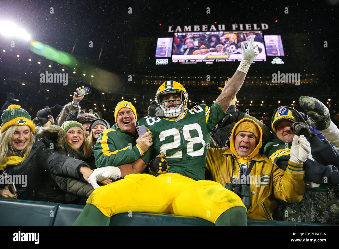 November 14, 2021: Green Bay Packers running back A.J. Dillon (28) is all  smiles after the NFL football game between the Seattle Seahawks and the Green  Bay Packers at Lambeau Field in