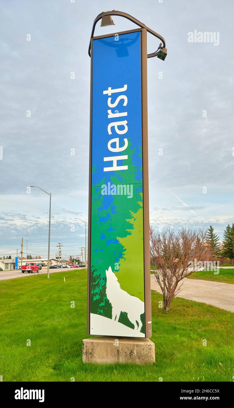 Welcome sign situated on the outskirts of the Northern Ontario Town of Hearst. Stock Photo