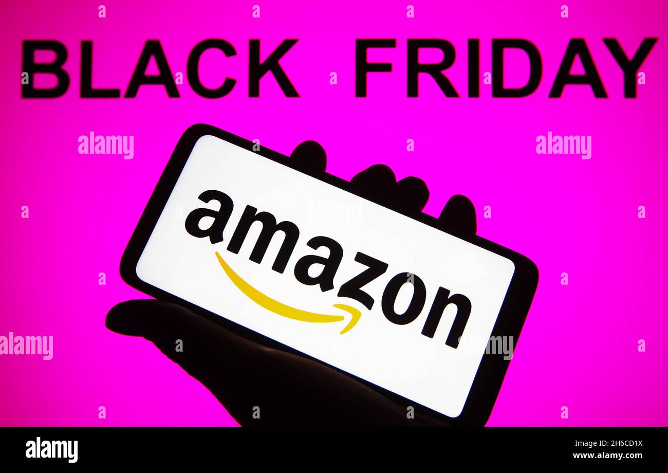 Ukraine. 14th Nov, 2021. In this photo illustration, an Amazon logo is seen on a smartphone screen with a Black Friday words in the background. (Photo by Pavlo Gonchar/SOPA Images/Sipa USA) Credit: Sipa USA/Alamy Live News Stock Photo