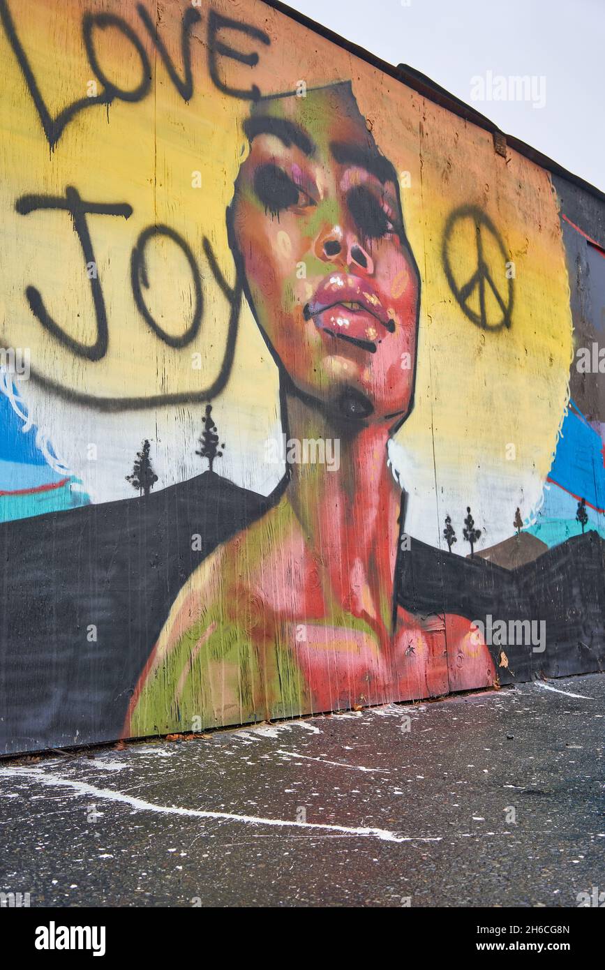 Street graffiti artwork of female face, colorful, with words Love and