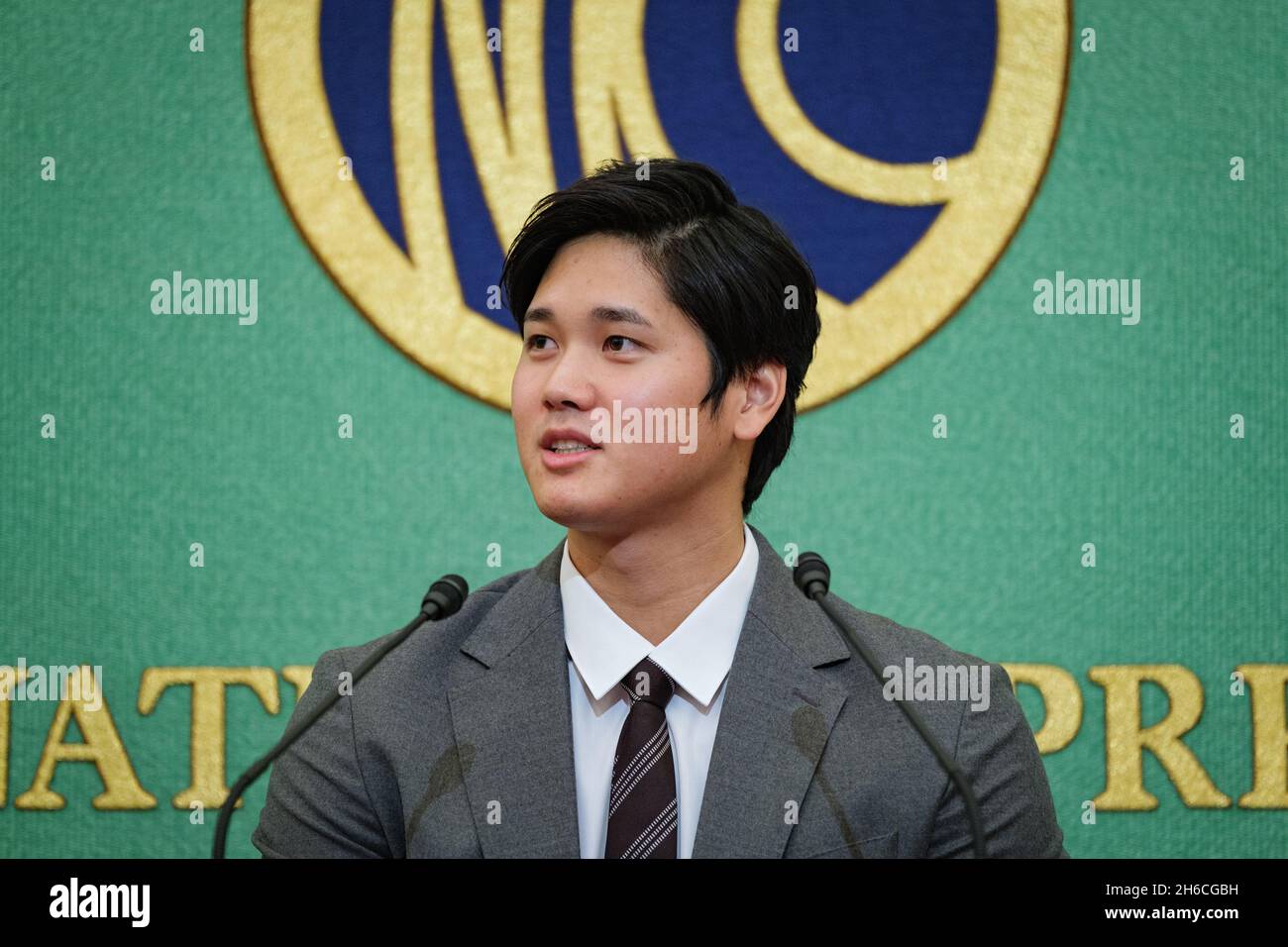 Tokyo, Japan. 15th Nov, 2021. Japan Los Angeles Angels player Shohei Ohtani attends a press conference at Japan National Press Club on November 15, 2021 in Tokyo, Japan. (Photo by Nicolas Datiche/POOL/SOPA Images/Sipa USA) Credit: Sipa USA/Alamy Live News Stock Photo