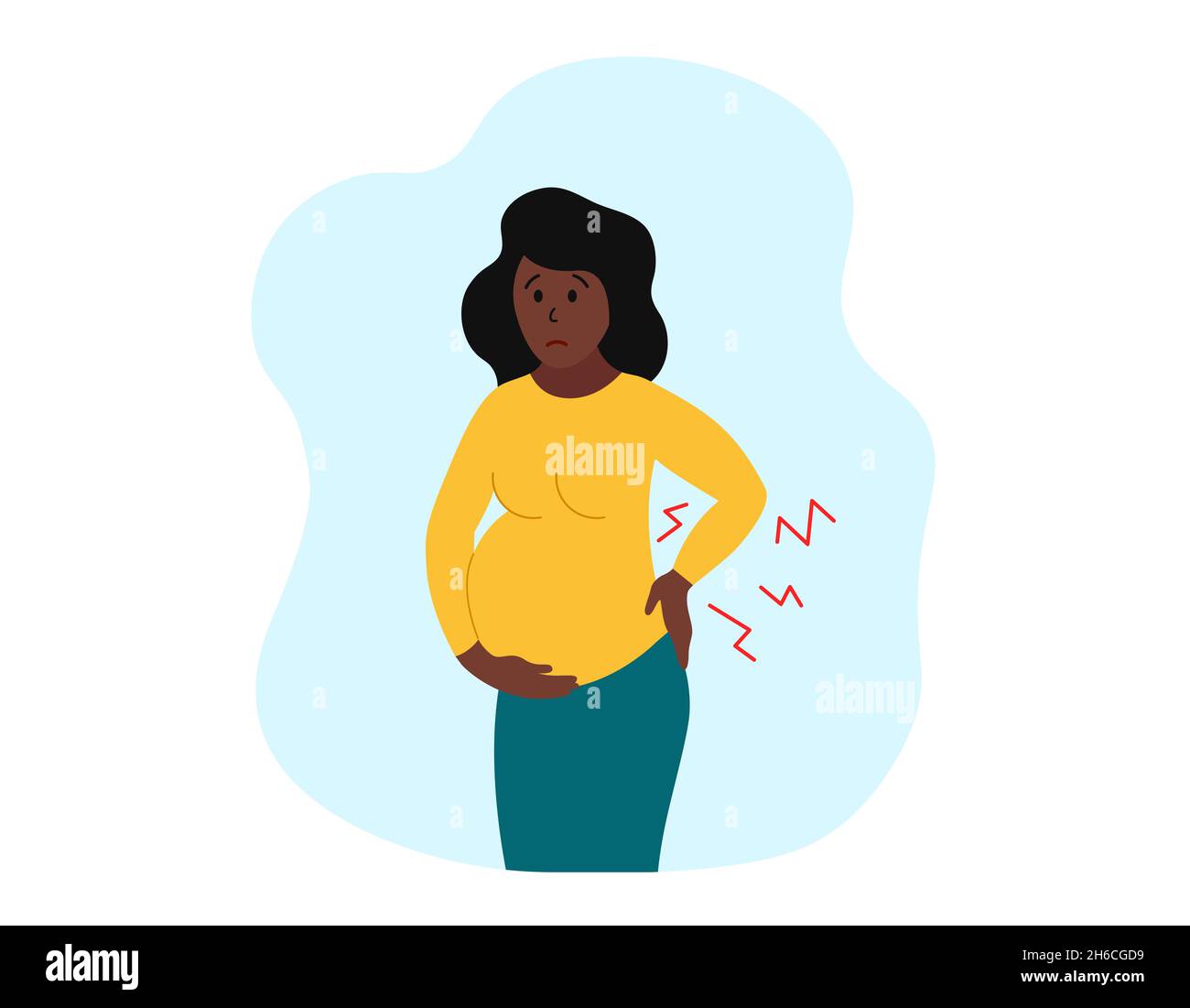 Backache during pregnancy. Pregnant sad african american person woman suffering from lower back pain. Vector concept illustration. Stock Vector