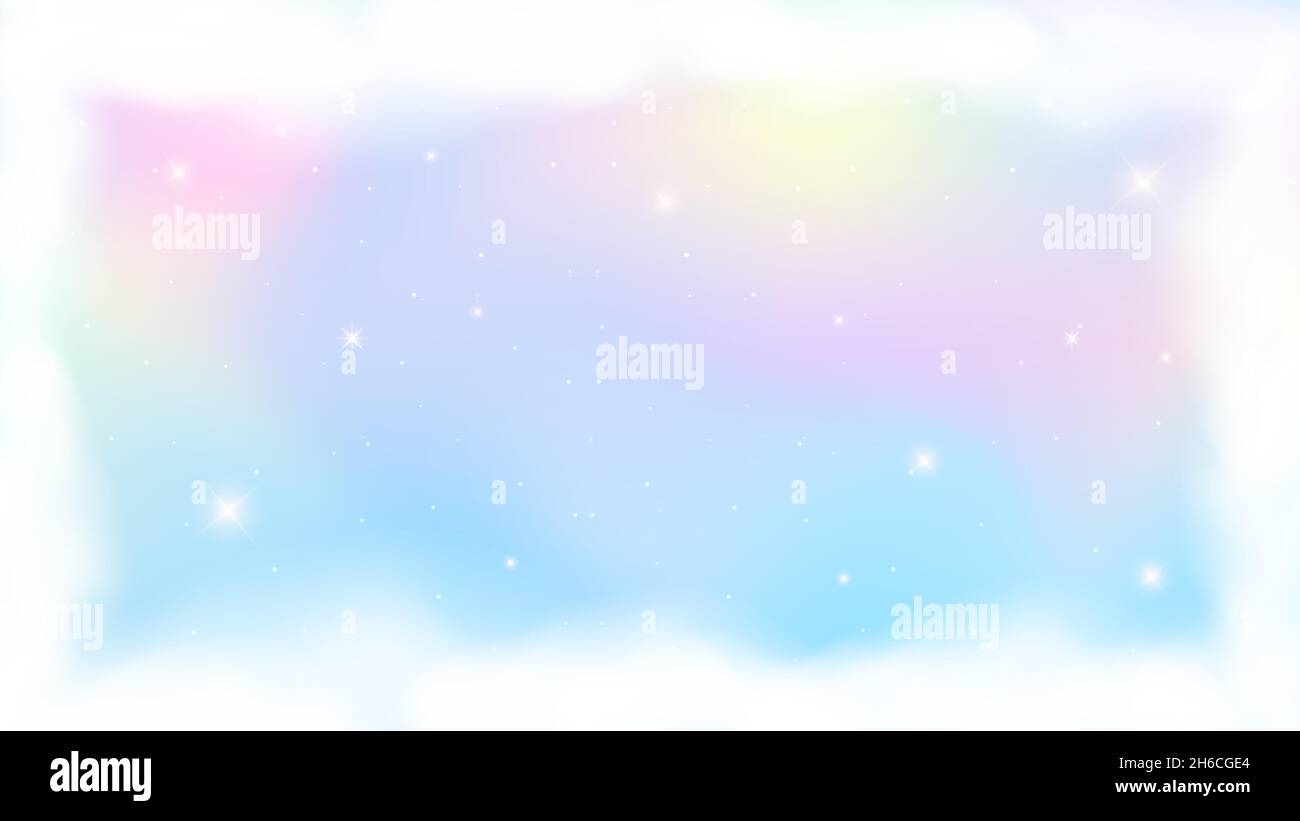 Holographic fantasy rainbow unicorn background with clouds. Pastel color sky. Magical landscape, abstract fabulous pattern and frame. Vector. Stock Vector