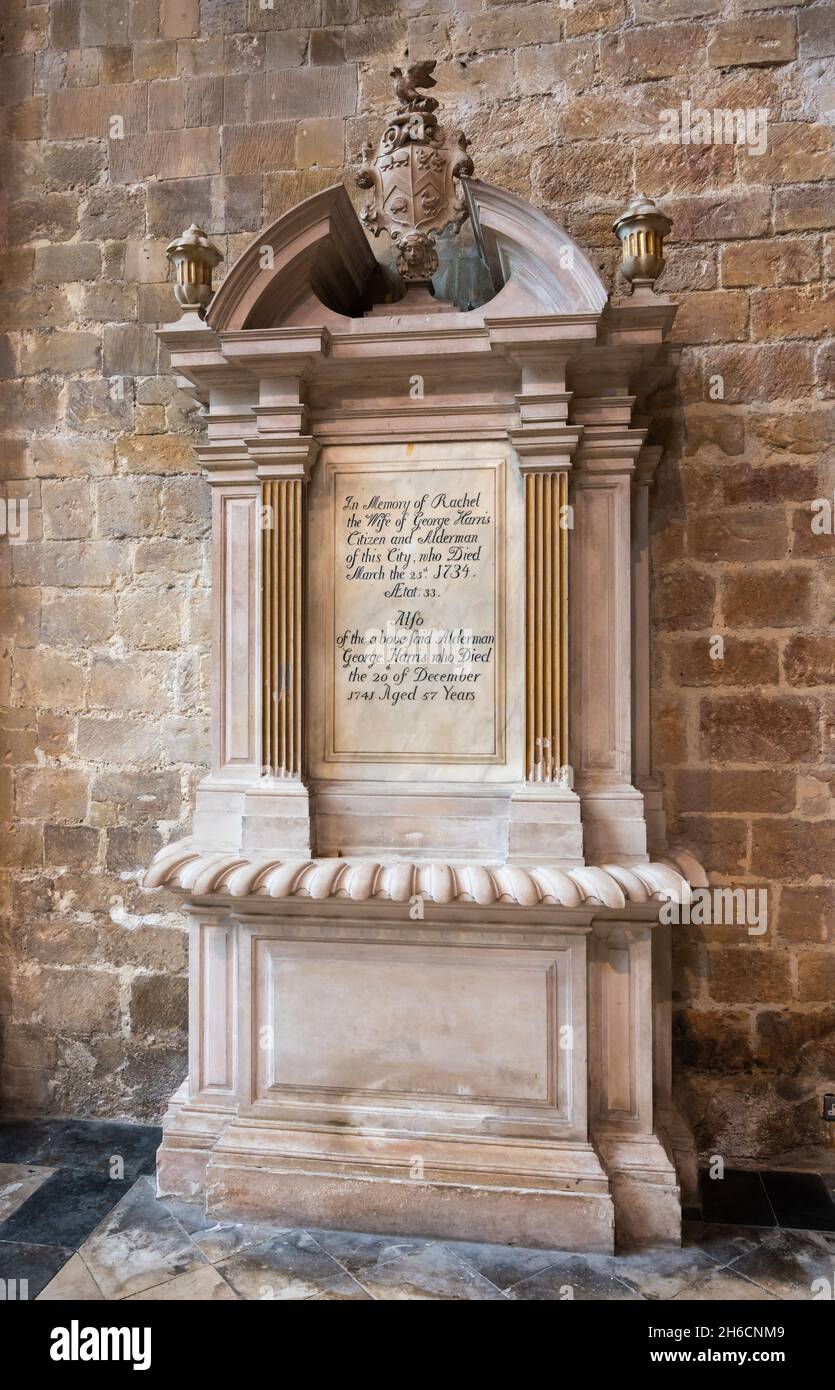 Memorial to Alderman George Harris & wife Rachel Harris in Chichester Cathedral, UK. With thanks to The Dean & Chapter of Chichester Cathedral. Stock Photo