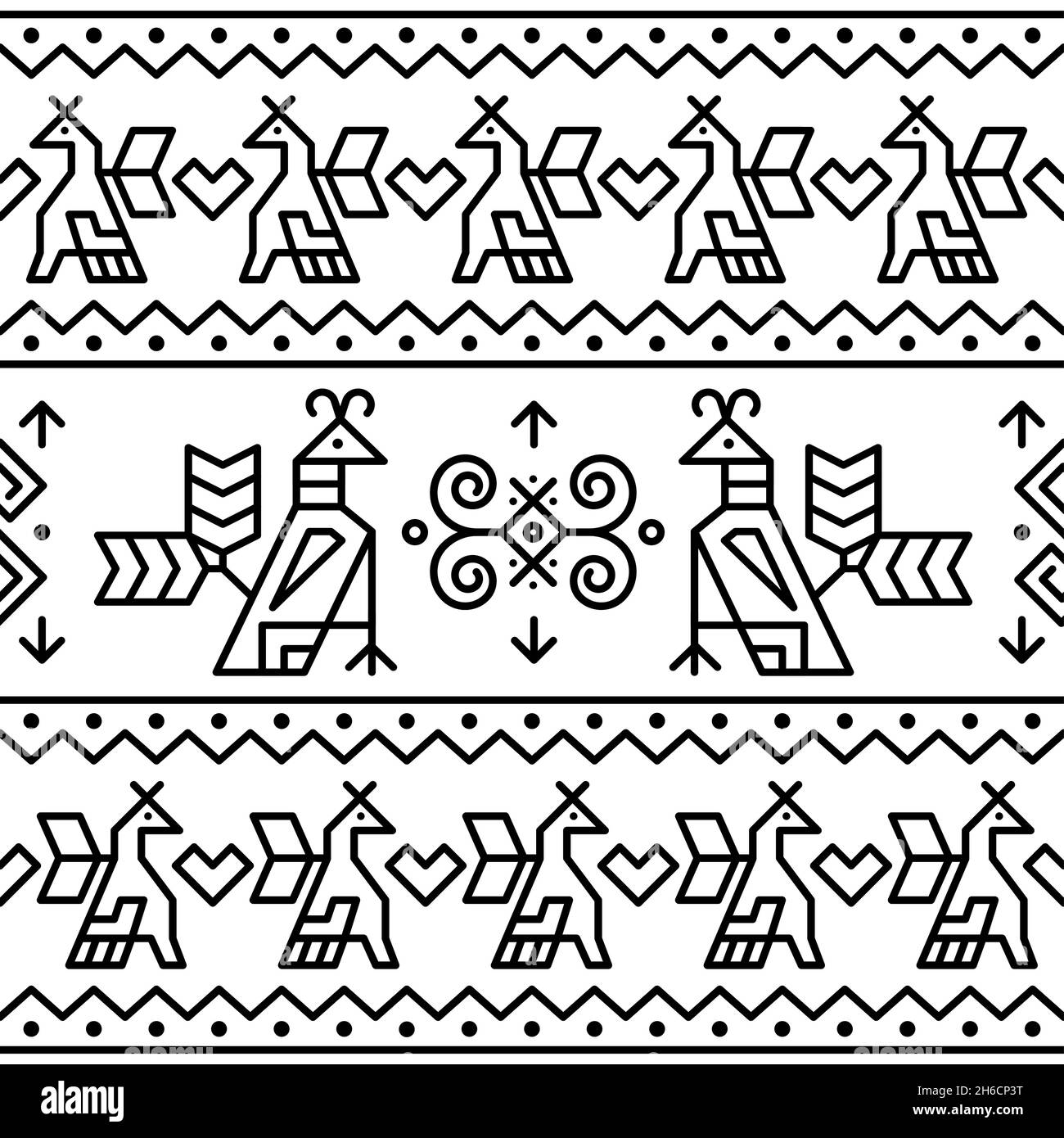 Slovak folk art vector seamless textile or fabric print pattern with brids and geometric motif inspired by traditional painted art from village Cicman Stock Vector
