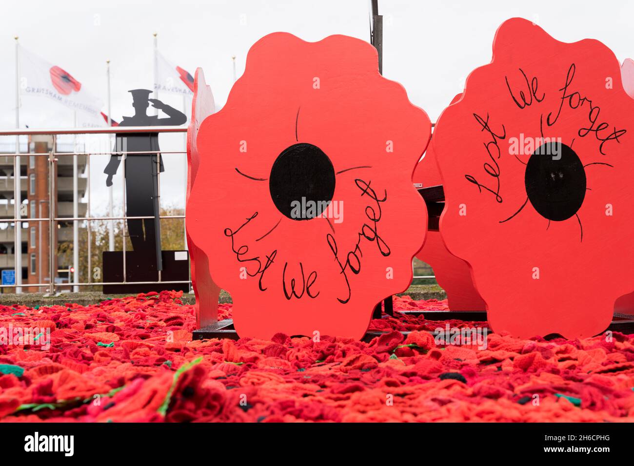 Thousands of individually crocheted red poppies displayed on Armistice day and remembrance Sunday in Gravesend Kent England UK Stock Photo
