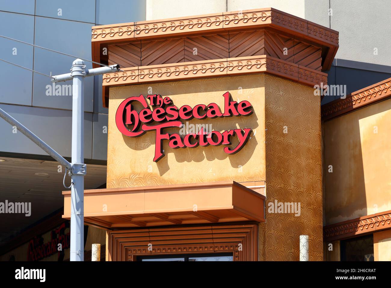 Cheesecake Factory, 90-15 Queens Blvd, Queens, NY. exterior signage of a chain restaurant in the Elmhurst neighborhood. Stock Photo