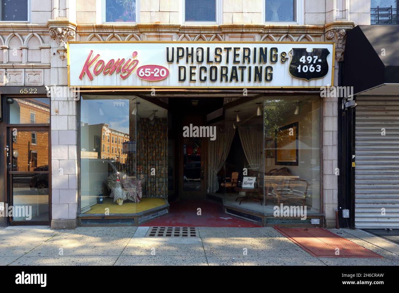 Koenig Upholstery, 65-20 Myrtle Ave, Queens, NY. an upholstery store in the Glendale neighborhood. Stock Photo