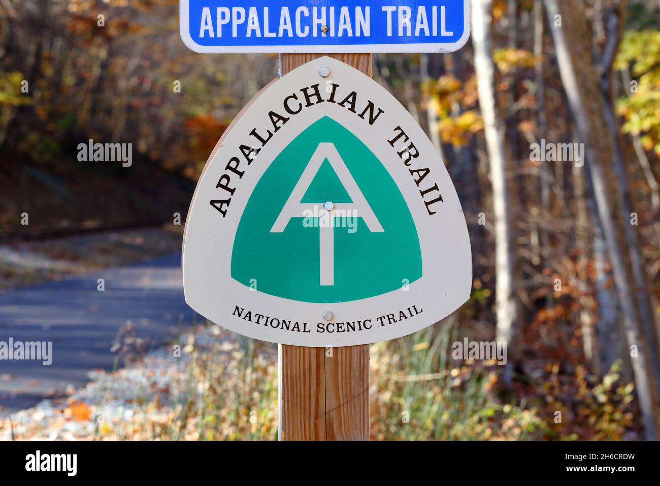 The Appalachian Trail, Appalachian National Scenic Trail signage at a trail head marking the entrance to a long distance multi-state public footpath. Stock Photo