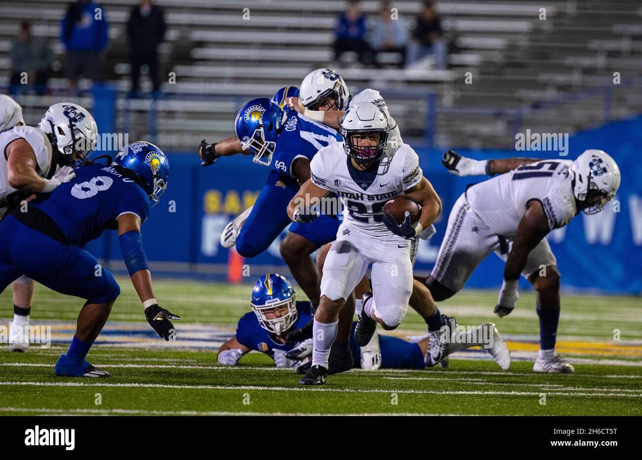 CEFCU Stadium San Jose, CA. 13th Nov, 2021. CA USA Utah State running back Pailate Makakona (29) runs for a short gain and a first down during the NCAA Football game between Utah State Aggies and the San Jose State Spartans. Utah State won 48-17 at CEFCU Stadium San Jose, CA. Thurman James/CSM/Alamy Live News Stock Photo