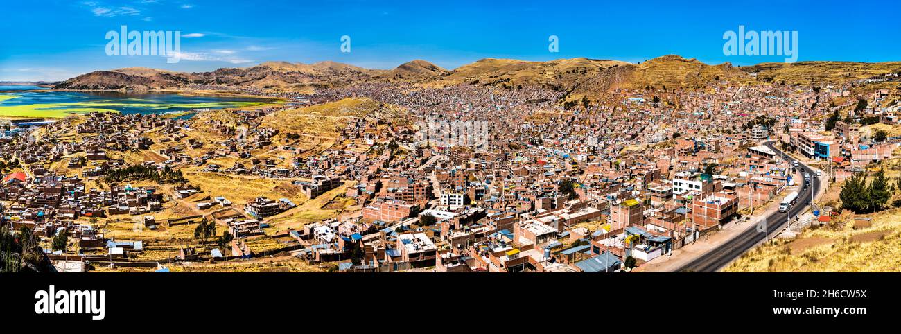 Panorama of Puno with Lake Titicaca in Peru Stock Photo