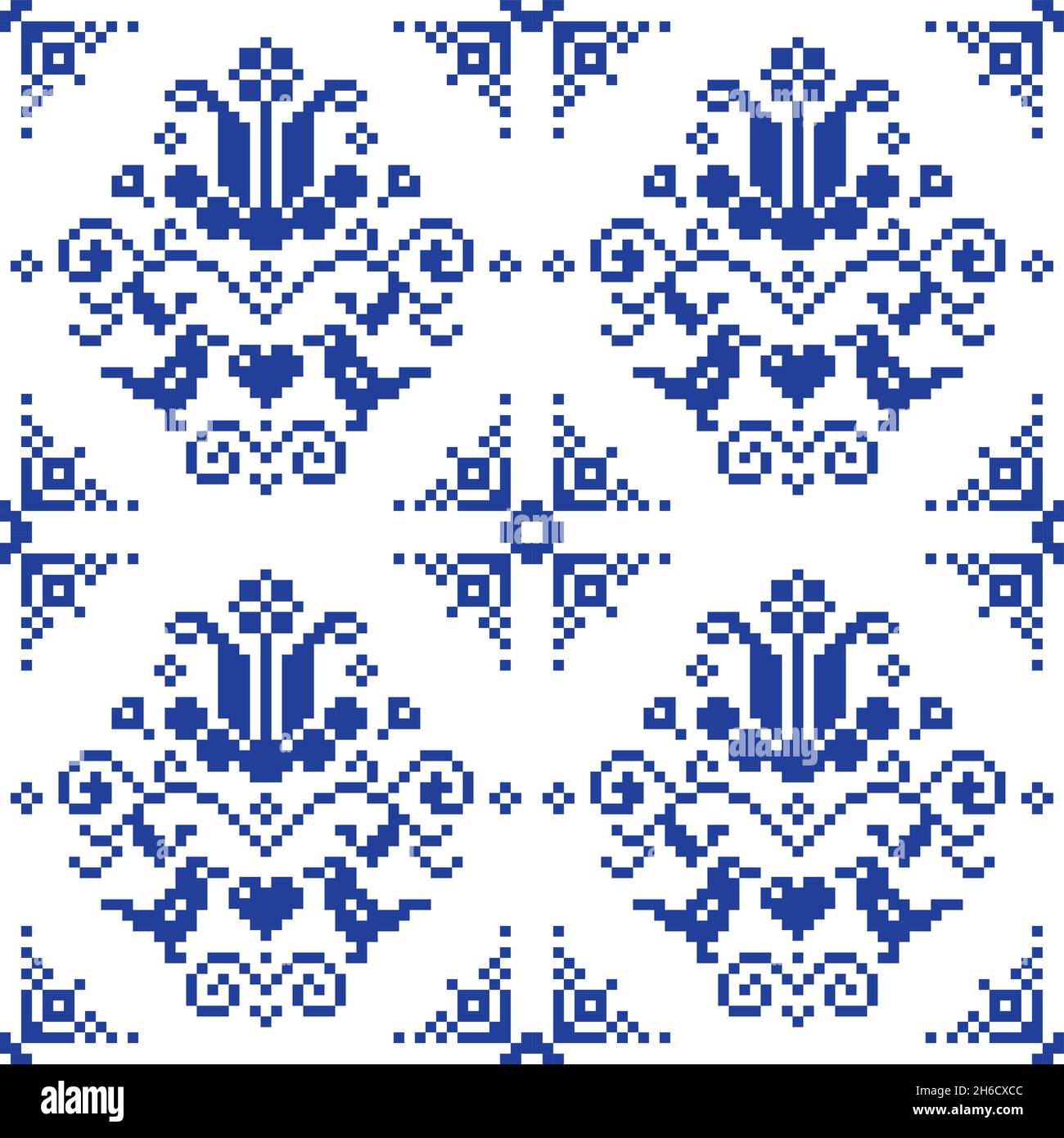 Retro cross-stitch vector floral seamless pattern, folk art repetitive background inspired by old German and Austrian style embroidery Stock Vector