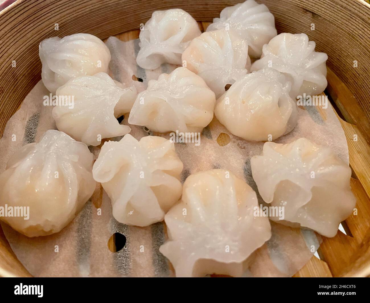 Close up of fresh homemade Dim Sum, Chinese dumplings stuffed with