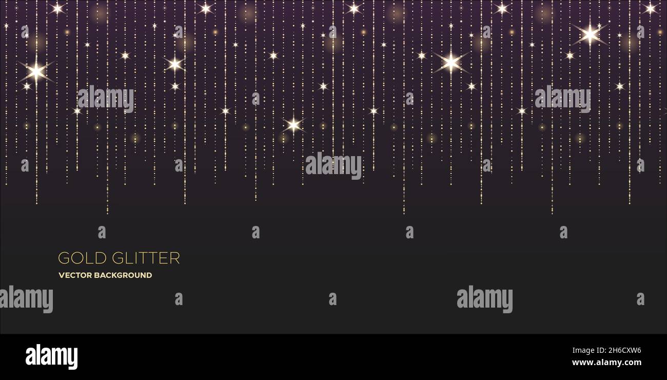 Gold glitter garlands hanging background vector illustration. Golden dust elements falling down Stock Vector
