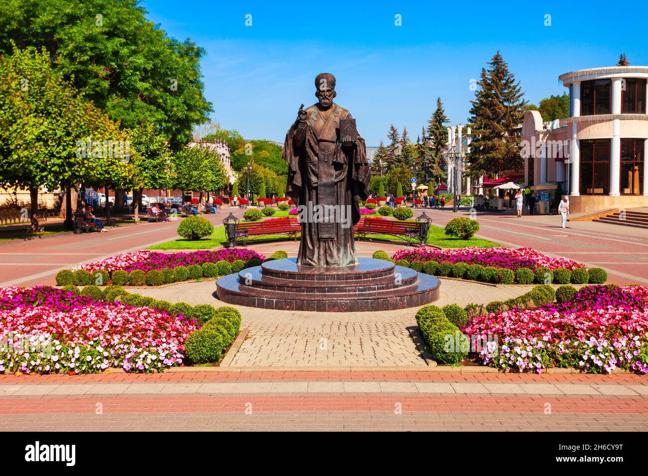 Saint Nicholas the Wonderworker monument at the Kislovodsk Kurortny Boulevard in Kislovodsk spa city, Stavropol Krai, Russia. Stock Photo