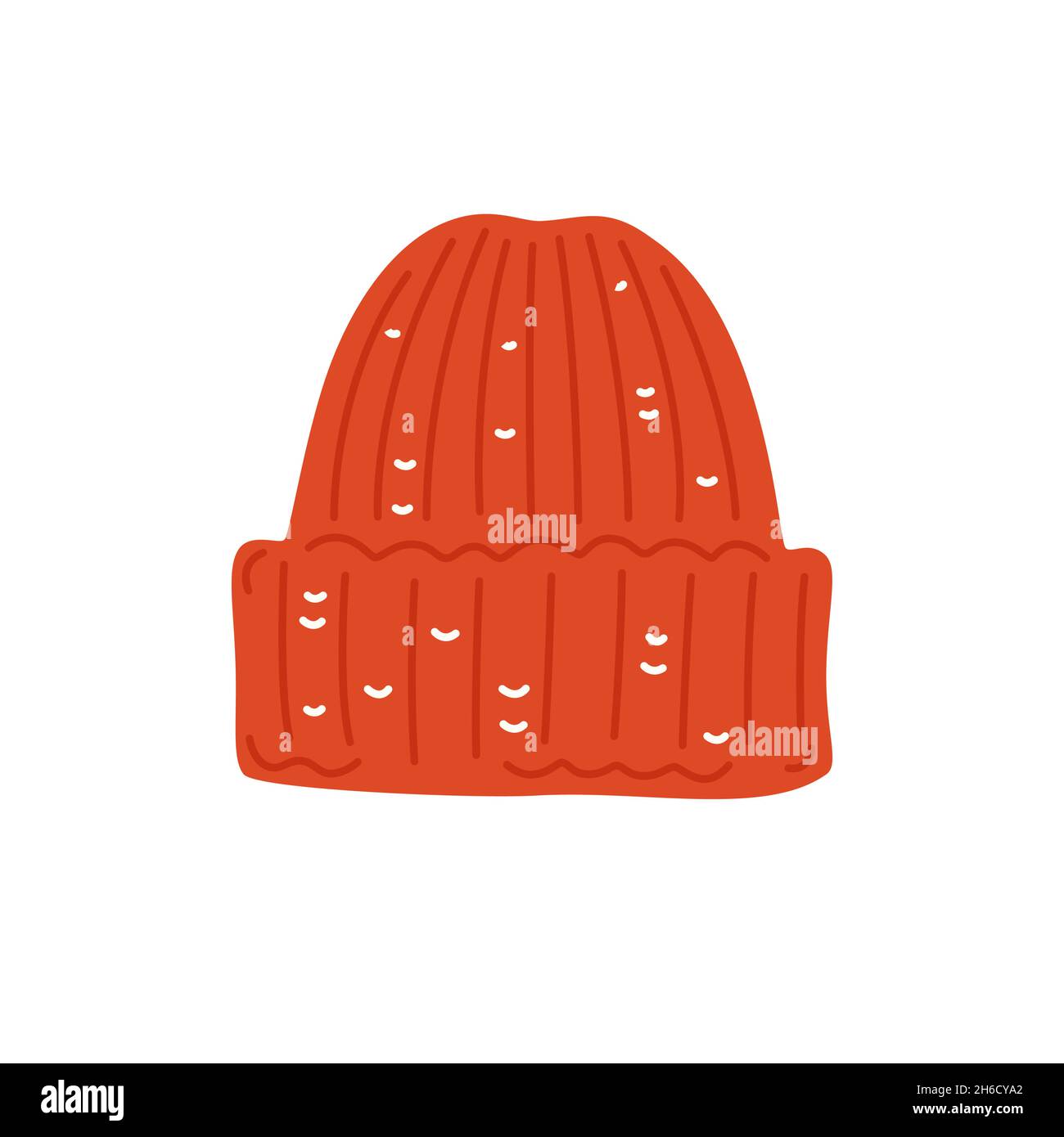 Warm red knit cap. Seasonal autumn or winter clothes. Vector flat illustration Stock Vector