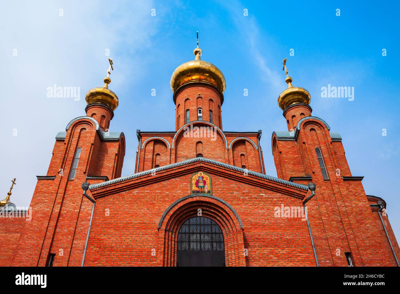 Pokrovsky Cathedral or Cathedral of the Intercession of Most Holy Theotokos in the centre of Mineralnye Vody city in Russia Stock Photo