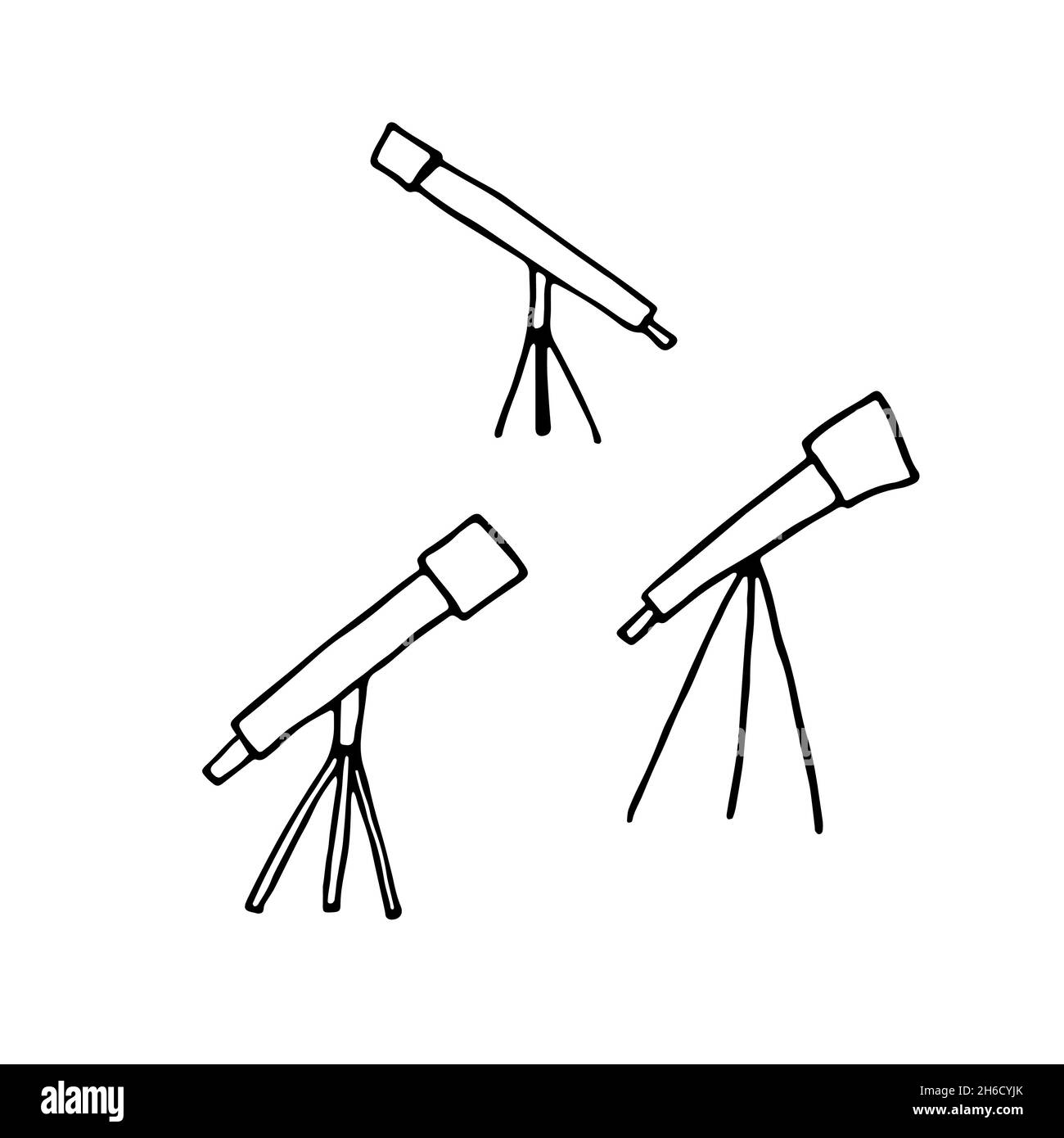 Doodle telescopes set. Outline scope isolated on white background