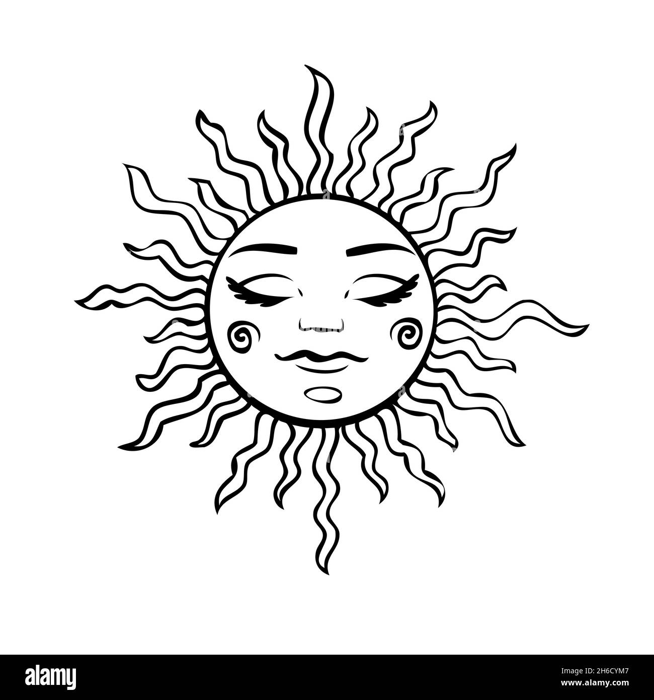 Esoteric symbols of the sun and moon with a face. Celestial signs. Stock Vector