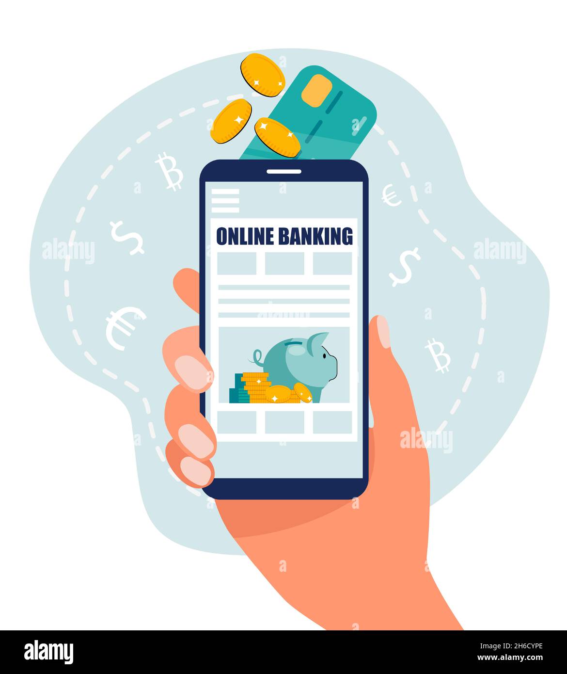 Hand holding mobile phone with online banking interface, digital financial service. The concept of maintaining and increasing financial resources. Stock Vector