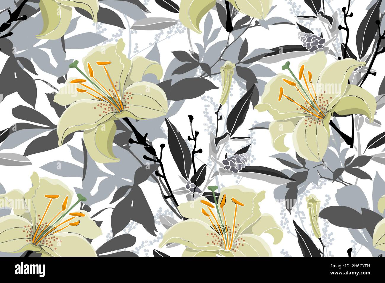 Vector floral seamless pattern. Lilies, quinoa and wormwood, gray leaves. Stock Vector
