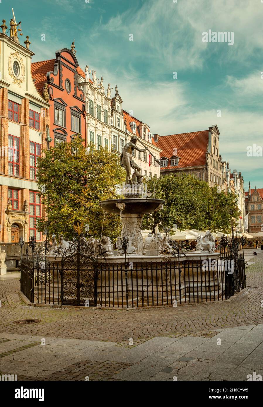 Neptune fountain in historic city center of Gdansk, Poland Stock Photo