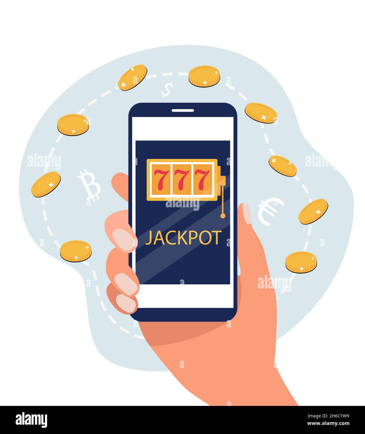 Flat design of slot machine with lucky sevens jackpot. Hand holds smartphone with jackpot. Gold coins and money symbols. Vector illustration. Stock Vector