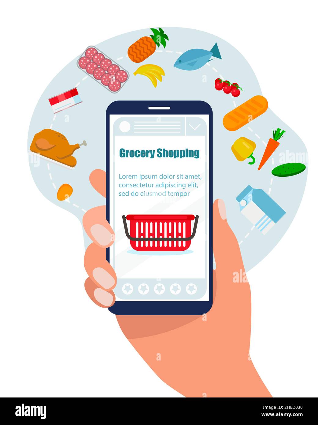 Online grocery shopping. A hand holds a phone with an application for ordering products. Vector illustration in a flat style. Stock Vector