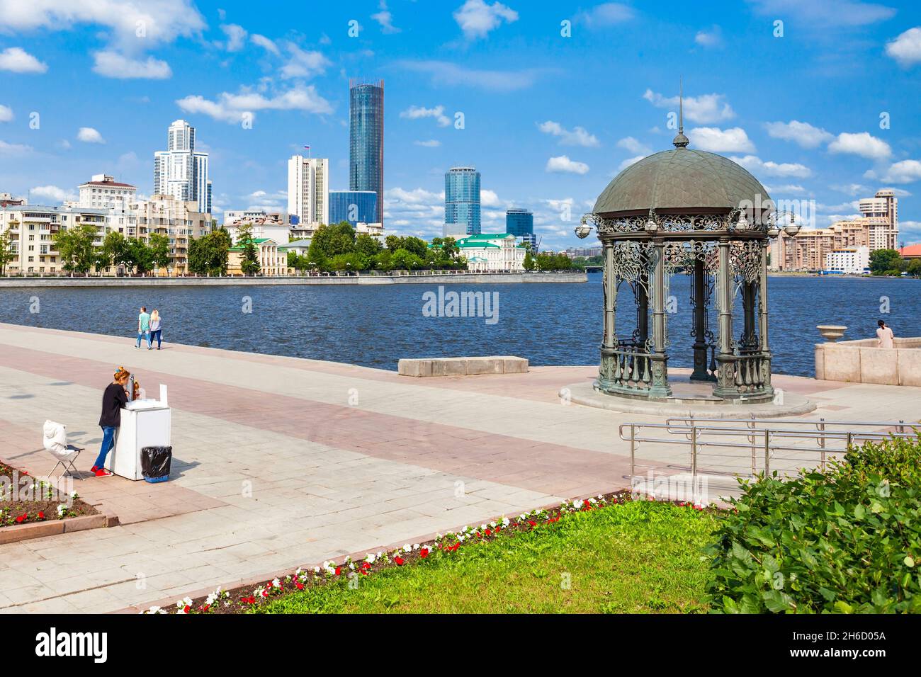 Yekaterinburg city center skyline and Iset river. Ekaterinburg is the fourth largest city in Russia and the centre of Sverdlovsk Oblast. Stock Photo